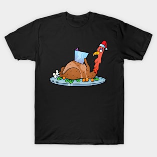 Thanksgiving Suntanning Turkey with Santa Hat T-Shirt